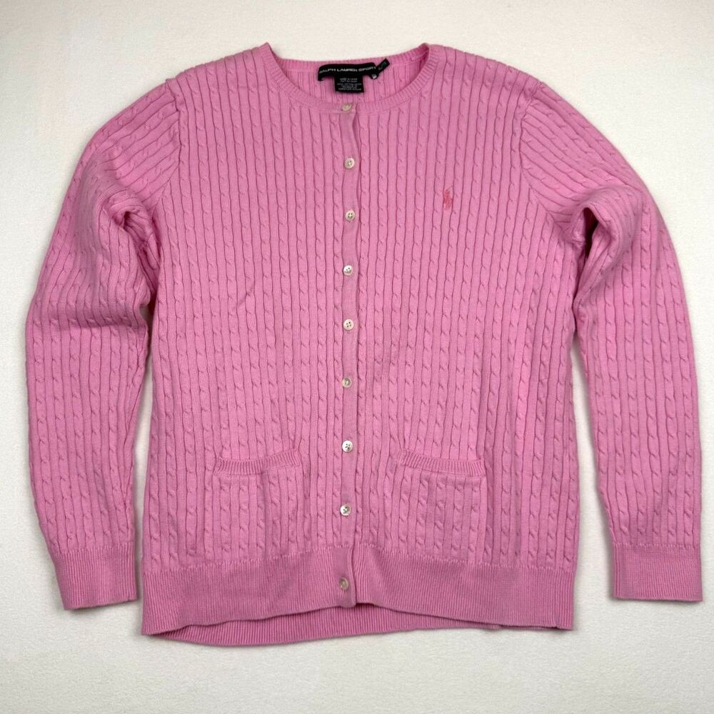 Ralph Lauren Sport Pink Cable Knit Cardigan Sweater Womens XL Cotton Button Up